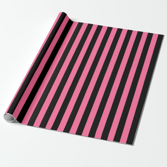 Vertical Pink and Black Stripes Wrapping Paper (Unrolled)