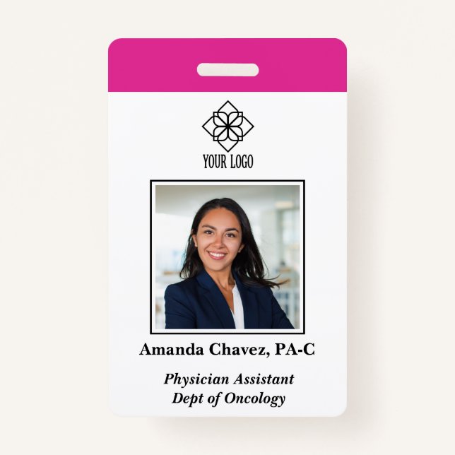 Vertical Pink Custom Employee ID Photo Name Badge (Front)
