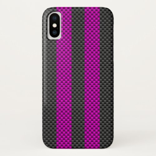 Vertical Pink Racing Stripes in Carbon Fiber Style iPhone X Case