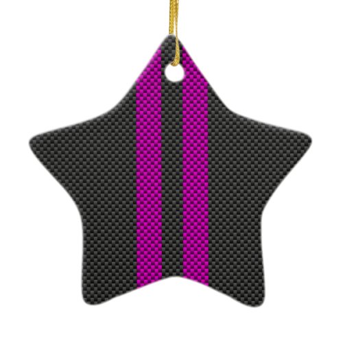 Vertical Pink Racing Stripes in Carbon Fiber Style Ceramic Ornament