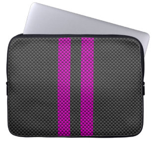Vertical Pink Racing Stripes in Carbon Fiber Style Laptop Sleeve
