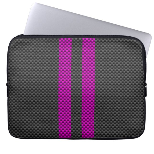 Vertical Pink Racing Stripes in Carbon Fiber Style Laptop Sleeve (Front)