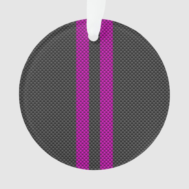 Vertical Pink Racing Stripes in Carbon Fiber Style Ornament (Front)