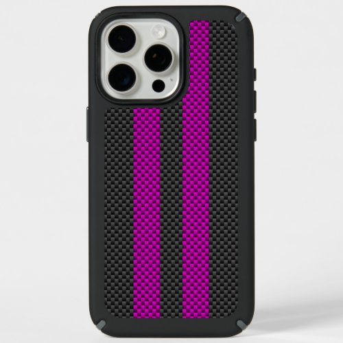 Vertical Pink Racing Stripes in Carbon Fiber Style iPhone 15 Pro Max Case