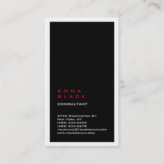 Vertical Plain Black Red White Border Consultant Business Card (Front)