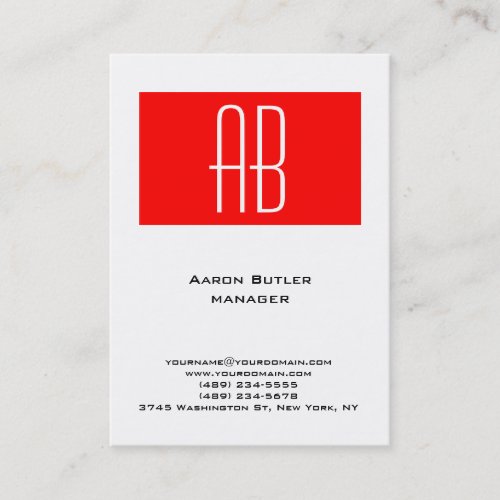 Vertical plain black white red stripe monogram business card