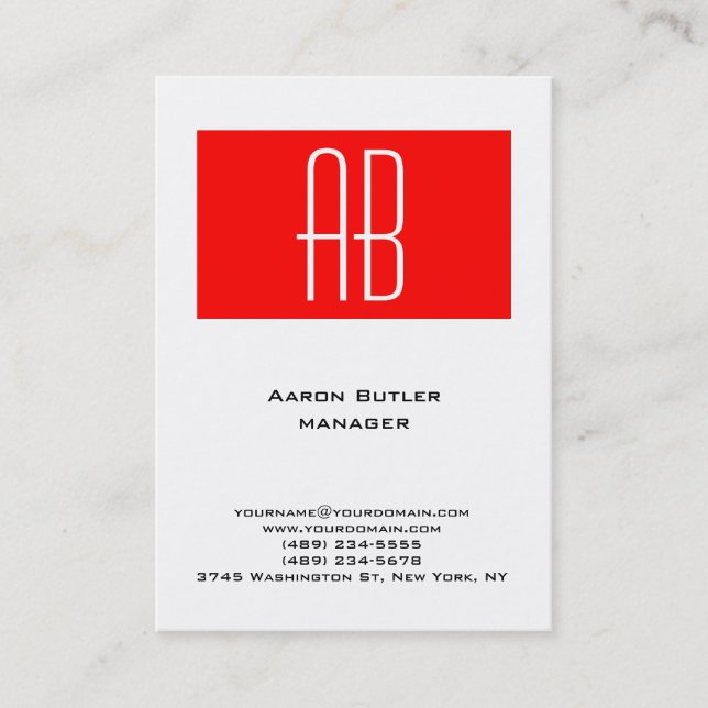 Vertical plain black white red stripe monogram business card (Front)