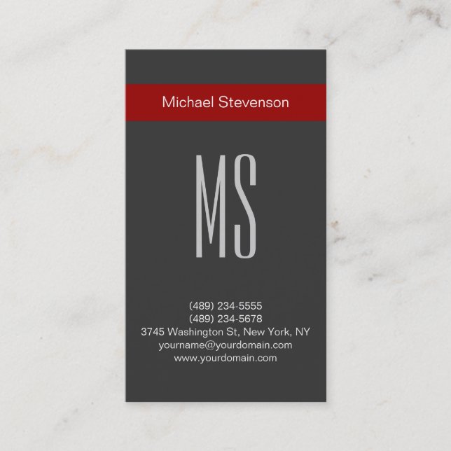 Vertical Plain Gray Monogram Red Business Card (Front)
