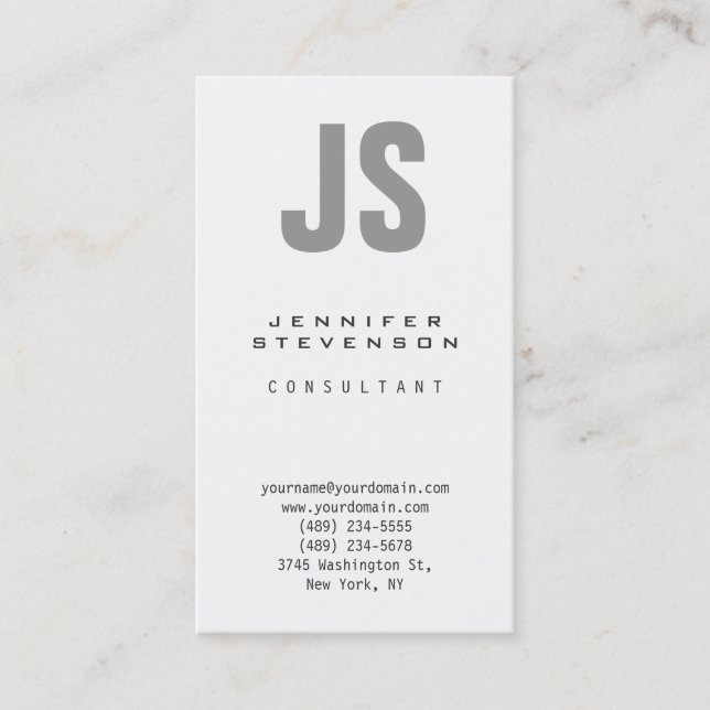 Vertical Plain Gray White Monogram Business Card (Front)