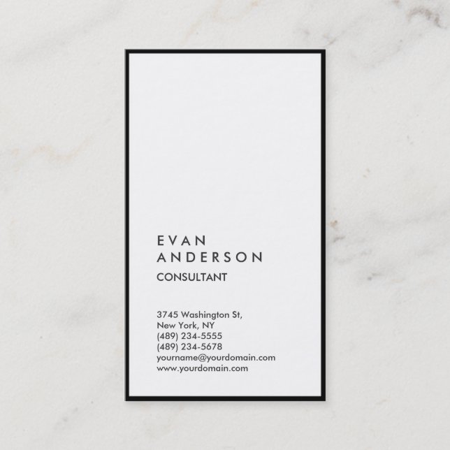Vertical Plain Simple Black White Bordered Modern Business Card (Front)