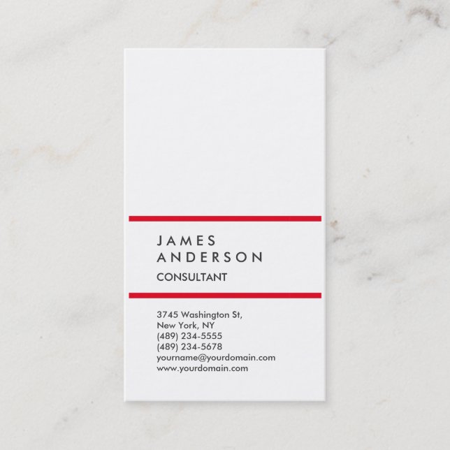 Vertical Plain Simple Red White Trendy Attractive Business Card (Front)