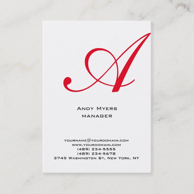 Vertical plain simple white red monogram business card (Front)