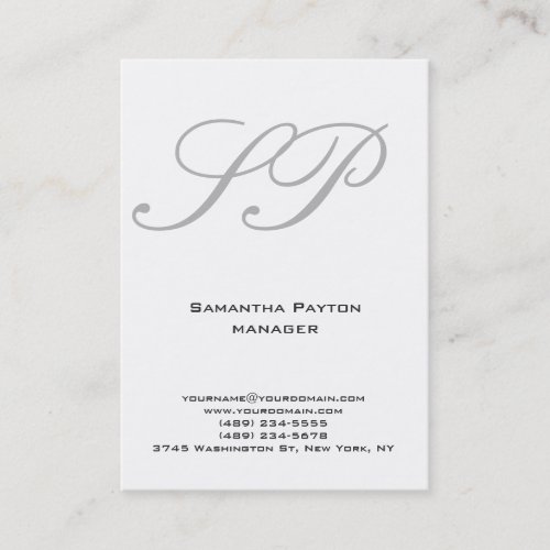 Vertical plain white grey handwriting monogram business card