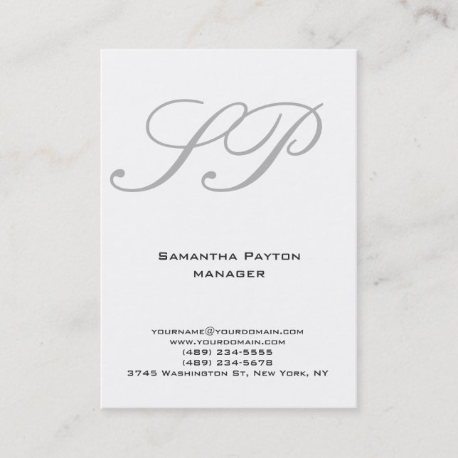 Vertical plain white grey handwriting monogram business card (Front)