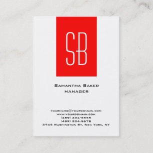 Vertical plain white red stripe monogram business card
