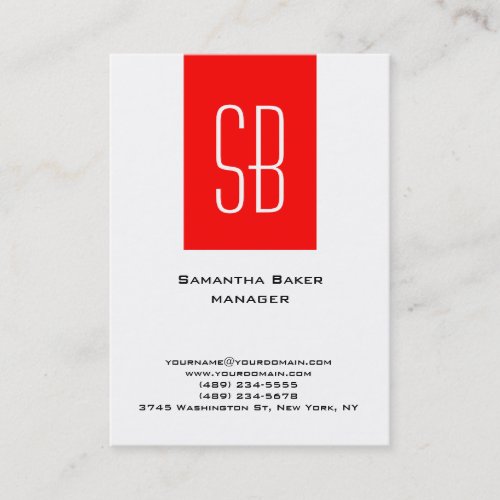 Vertical plain white red stripe monogram business card