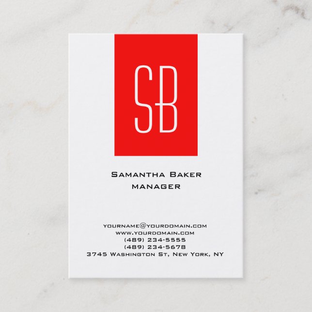 Vertical plain white red stripe monogram business card (Front)