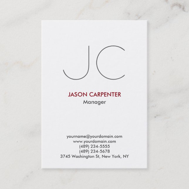 Vertical plain white simple professional monogram business card (Front)