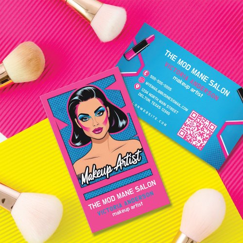 Vertical Pop Art Neon Pink Blue Makeup Artist Business Card