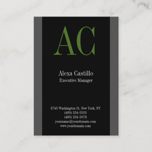 Vertical professional black grey green monogram business card