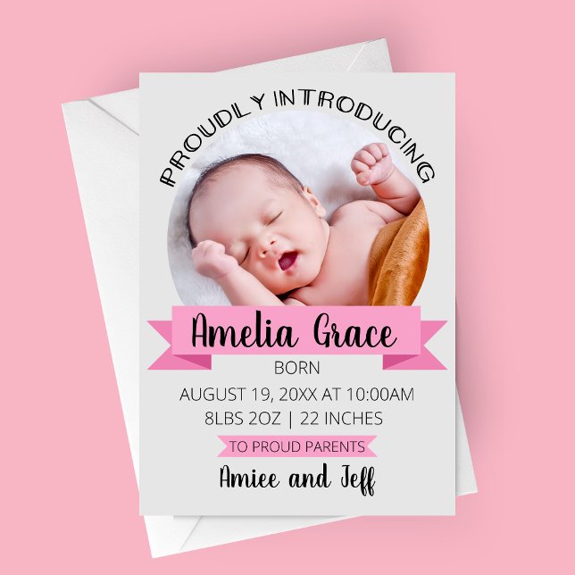 Vertical Proudly Introducing Birth Annoucement Announcement (Proudly Introducing Pink Photo Birth Announcement Card)