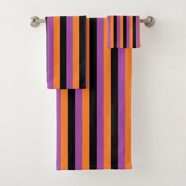 Vertical Purple, Orange and Black Stripes Bath Towel Set (Insitu)