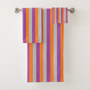 Vertical Purple, Orange and Silver Stripes Bath Towel Set