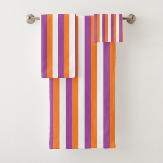 Vertical Purple, Orange and White Stripes Bath Towel Set (Insitu)