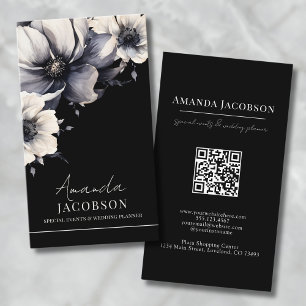 Vertical QR Code Black Floral Elegant Professional Business Card