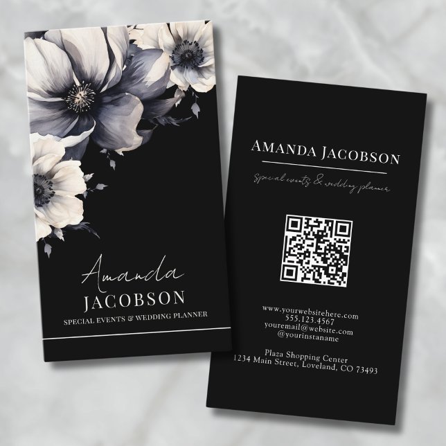 Vertical QR Code Black Floral Elegant Professional Business Card (Vertical QR Code Black Floral Elegant Professional Business Card)