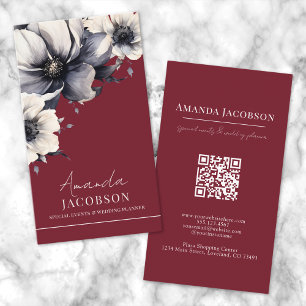 Vertical QR Code Red Floral Elegant Professional Business Card