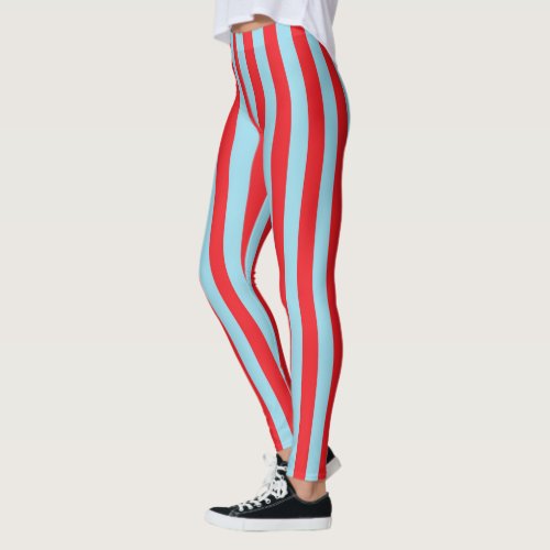 Vertical Red and Pastel Blue Stripes Leggings