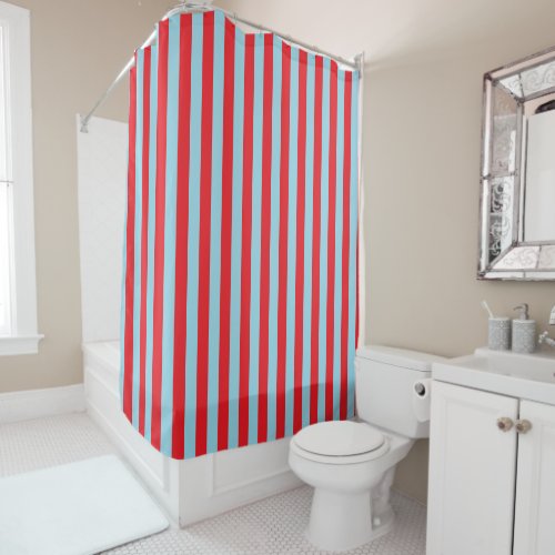 Vertical Red and Pastel Blue Stripes Shower Curtain