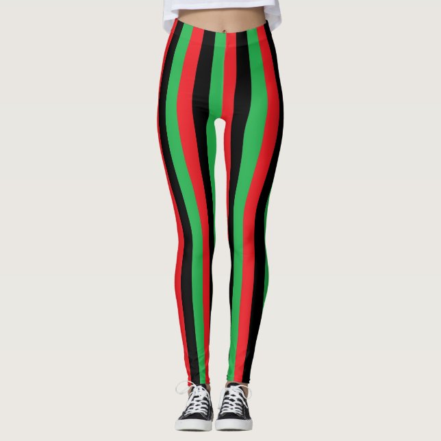 Vertical Red, Black and Green Stripes Leggings (Front)