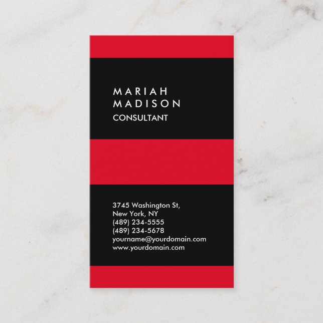 Vertical Red Black Striped Trendy Business Card (Front)
