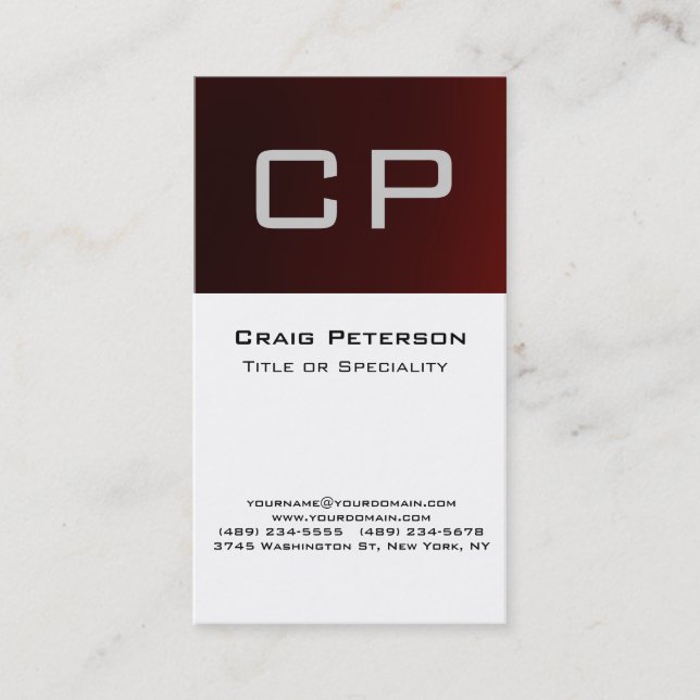 Vertical Red Black White Monogram Business Card (Front)