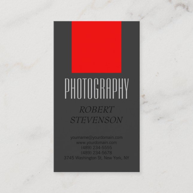 Vertical Red Gray Photography Artist Business Card (Front)