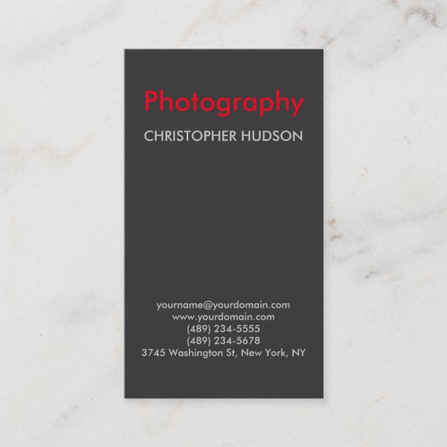 Vertical Red Gray Photography Business Card (Front)
