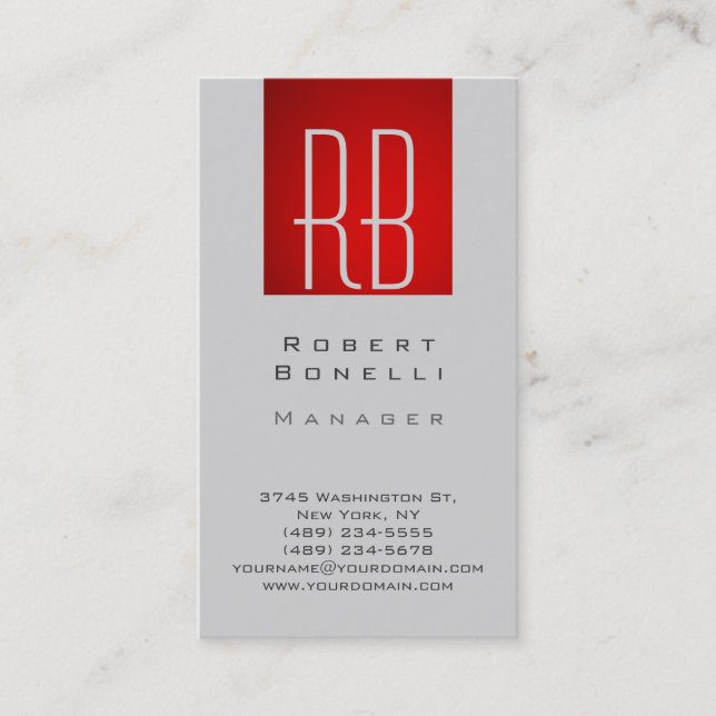 Vertical Red Light Gray Monogram Business Card (Front)