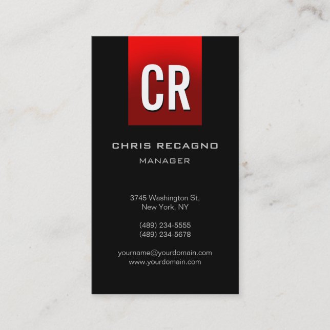Vertical Red Stripe Black Unique Business Card (Front)