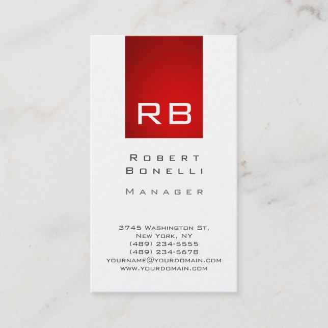 Vertical Red Stripe White Monogram Business Card (Front)
