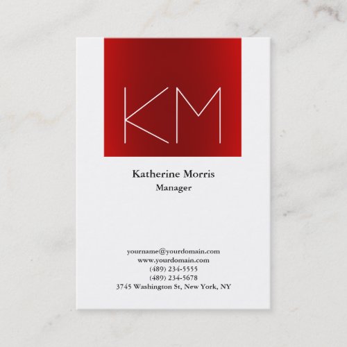 Vertical red stripe white monogram professional business card