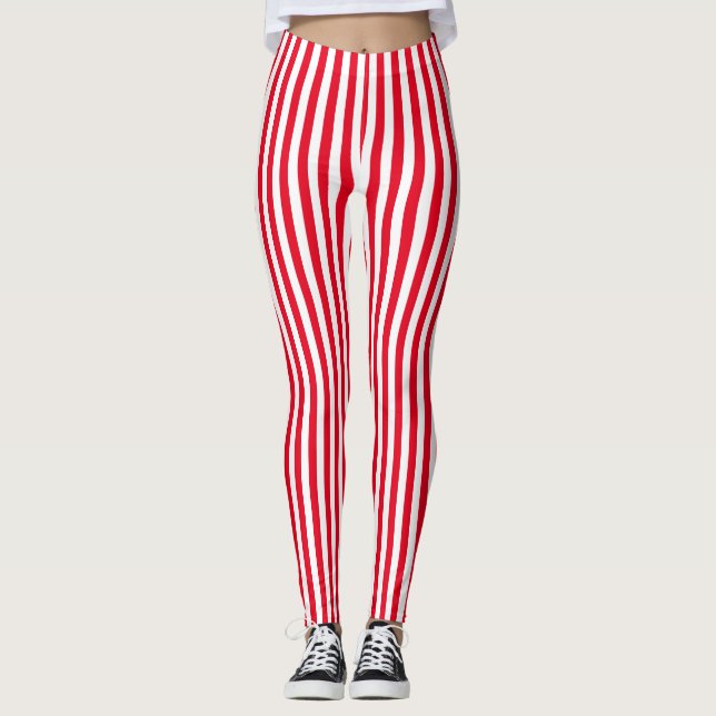 Vertical Red White Candycane Stripe Leggings (Front)