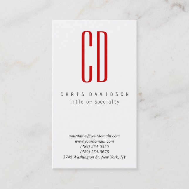 Vertical Red White Color Monogram Business Card (Front)