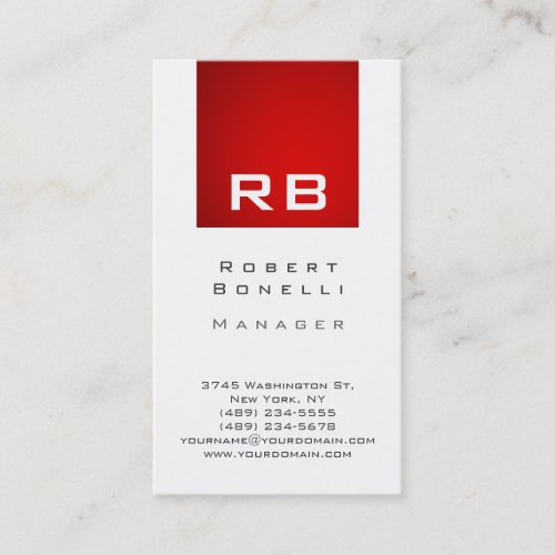 Vertical Red White Monogram Manager Business Card