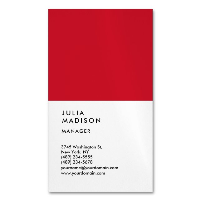 Vertical Red White Trendy Manager Consultant Business Card Magnet (Front Vertical)