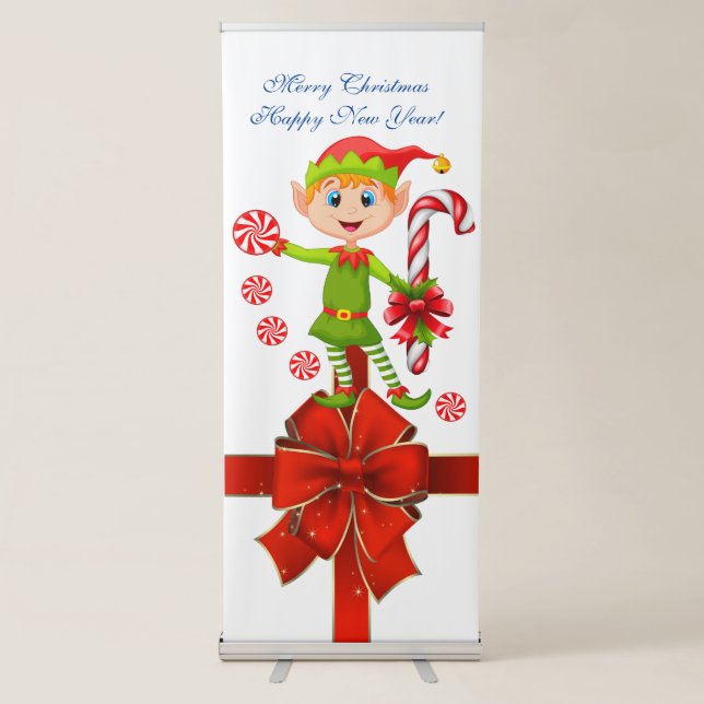 Vertical Retractable Banner Happy New Year Elf (Front)