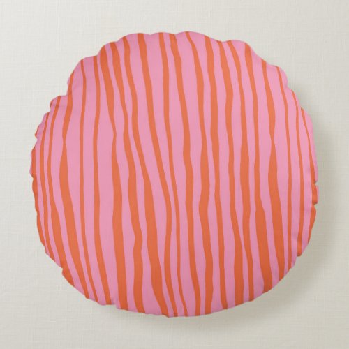 Vertical retro wavy lines _ pastel orange and pink round pillow