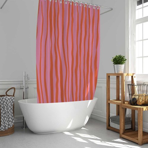 Vertical retro wavy lines _ pastel orange and pink shower curtain