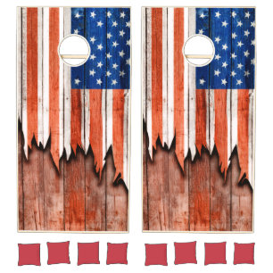 Vertical Rustic American Flag on Wood Cornhole Set